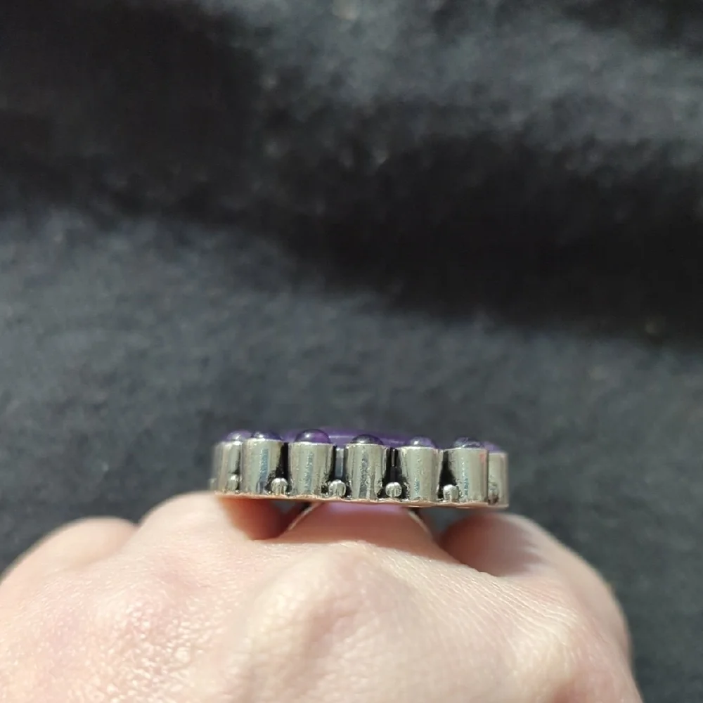Silver Plated Purple Amethyst Gemstone  Cluster Chunky Statement Ring - Size 8
